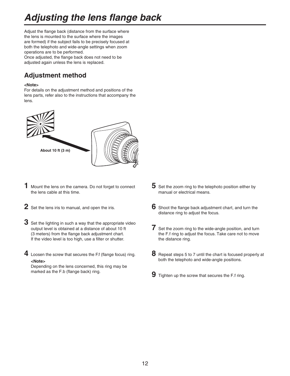 Adjusting the lens flange back, Adjustment method | Panasonic AK-HC931BP User Manual | Page 12 / 32