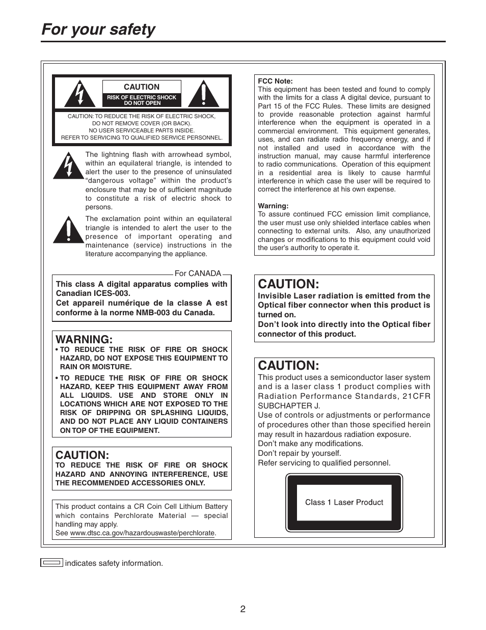 For your safety, Caution, Warning | Panasonic AK-HC931BP User Manual | Page 2 / 32