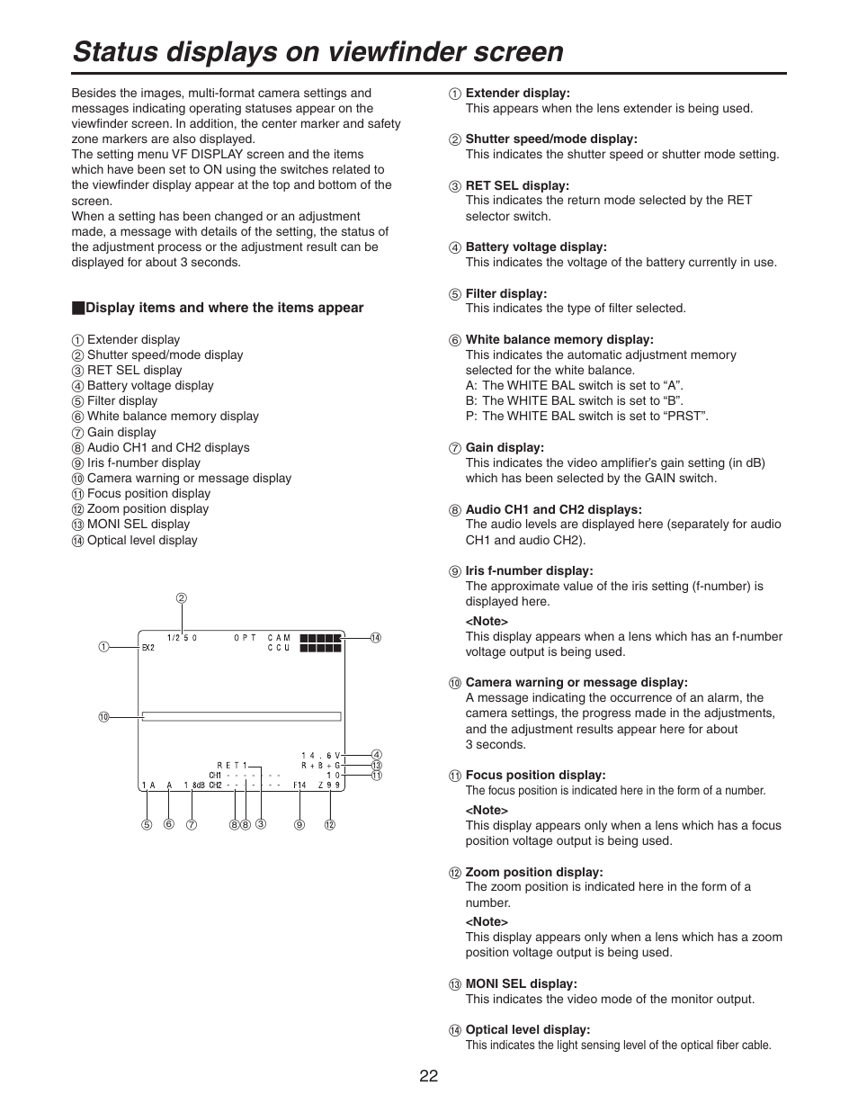 Status displays on viewfinder screen | Panasonic AK-HC931BP User Manual | Page 22 / 32