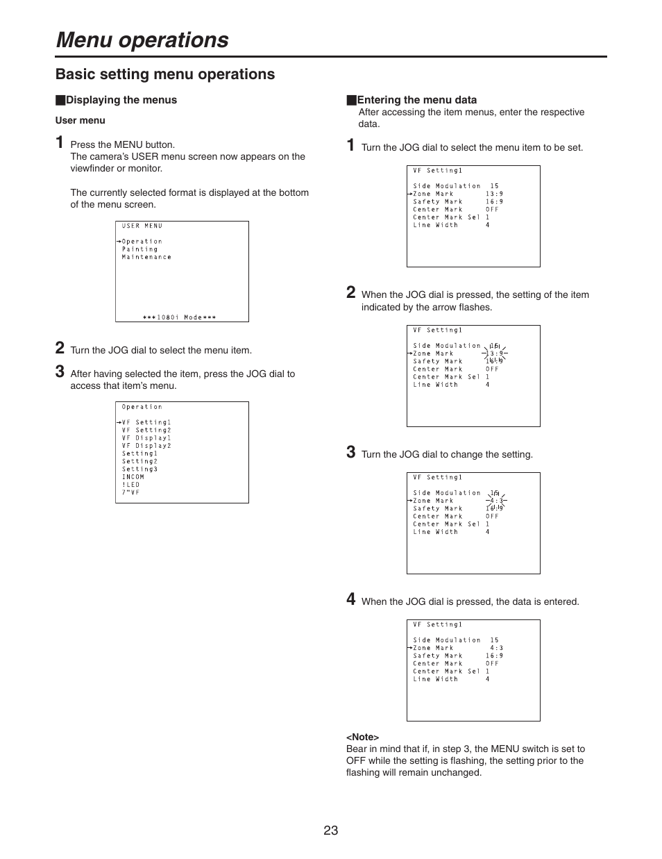 Menu operations, Basic setting menu operations | Panasonic AK-HC931BP User Manual | Page 23 / 32