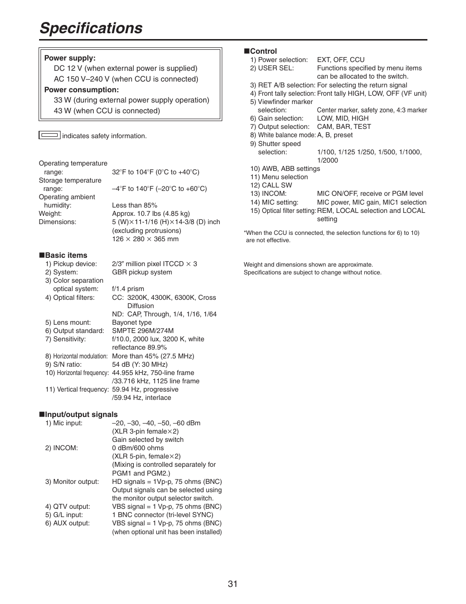 Specifications | Panasonic AK-HC931BP User Manual | Page 31 / 32