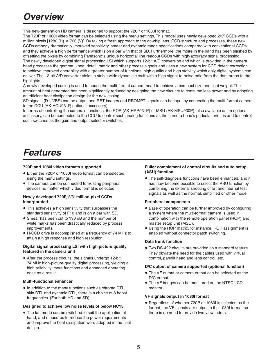 Overview features | Panasonic AK-HC931BP User Manual | Page 5 / 32