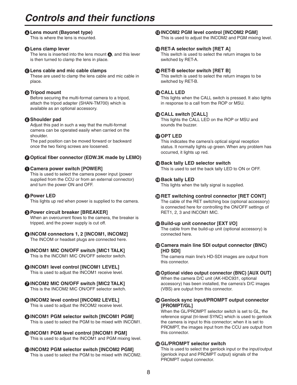 Controls and their functions | Panasonic AK-HC931BP User Manual | Page 8 / 32