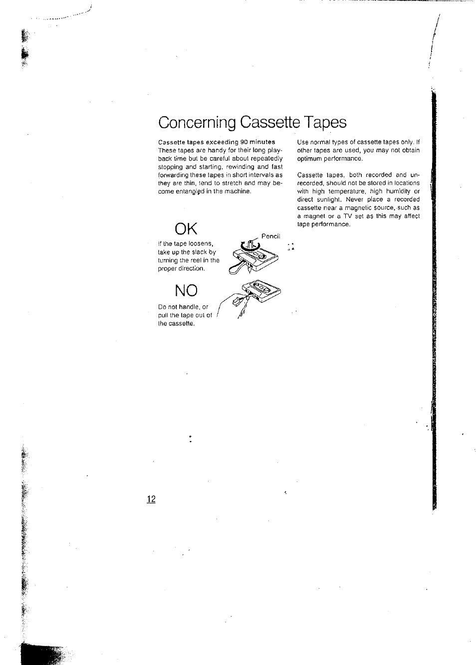 Concerning cassette tapes | Panasonic RCX160 User Manual | Page 12 / 23