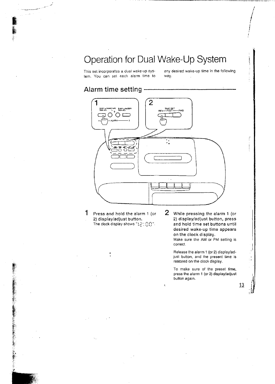 Alarm time setting, Operation for dual wake-up system | Panasonic RCX160 User Manual | Page 13 / 23