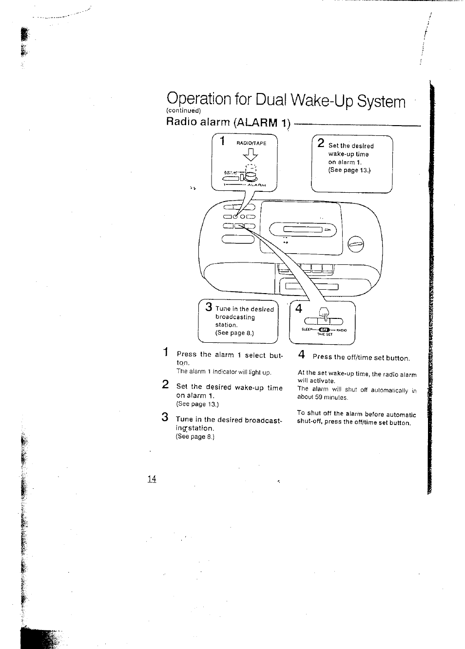 Operation for dual wake-up system, Radio alarm (alarm 1) | Panasonic RCX160 User Manual | Page 14 / 23