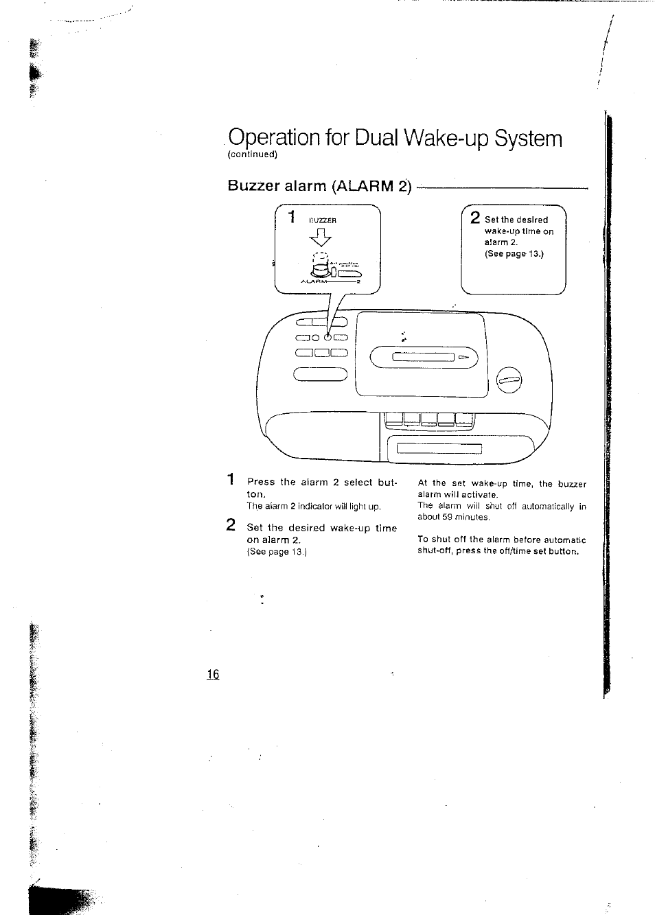 Operation for dual wake-up system, Buzzer alarm (alarm 2) | Panasonic RCX160 User Manual | Page 16 / 23