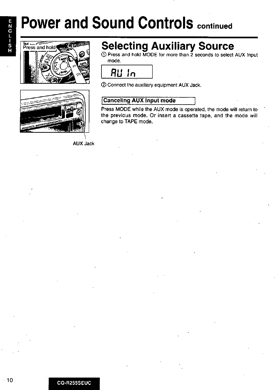 Continued, Selecting auxiliary source, Power and sound controls | Panasonic CQR255SEUC User Manual | Page 10 / 80