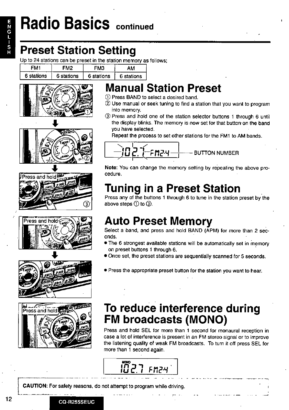 Radio basics, Manual station preset, Tuning in a preset station | Auto preset memory, To reduce interference during fm broadcasts (mono), Preset station setting, Continued | Panasonic CQR255SEUC User Manual | Page 12 / 80