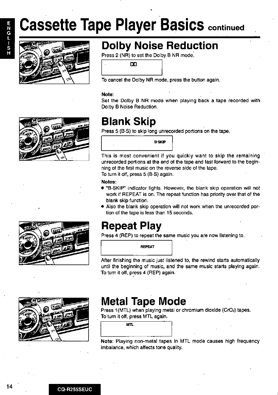 Cassette tape player basics continued, Dolby noise reduction, Note | Blank skip, Notes, Repeat play, Metal tape mode, Cassette tape player basics, Continued | Panasonic CQR255SEUC User Manual | Page 14 / 80