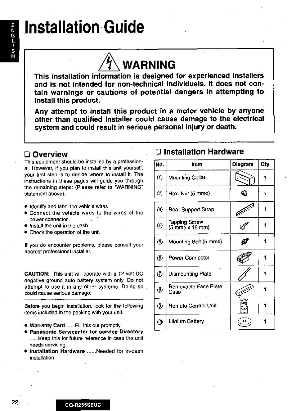 Overview, Installation hardware | Panasonic CQR255SEUC User Manual | Page 22 / 80