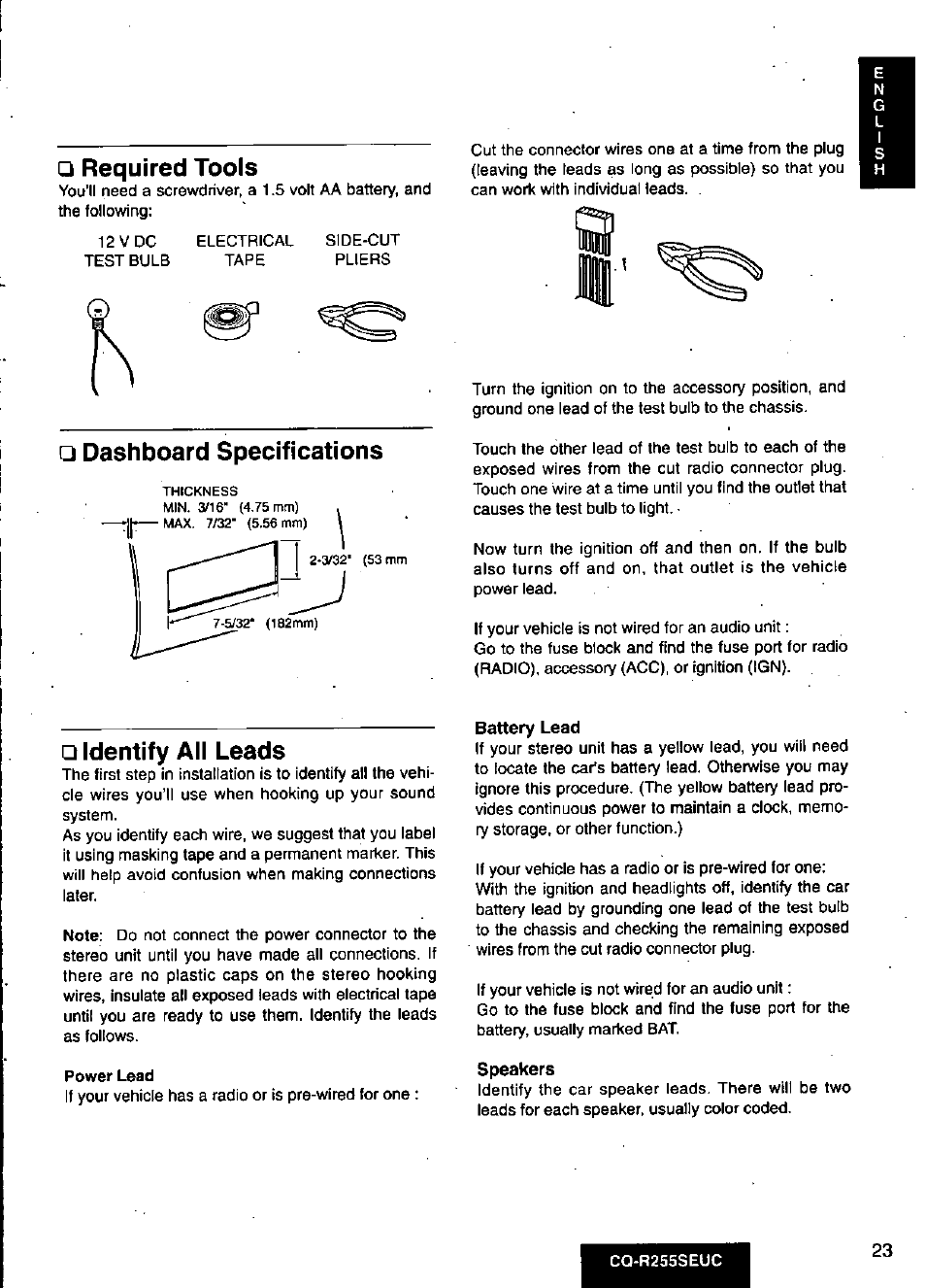 Required tools, Dashboard specifications, Identify all leads | Battery lead, Speakers | Panasonic CQR255SEUC User Manual | Page 23 / 80