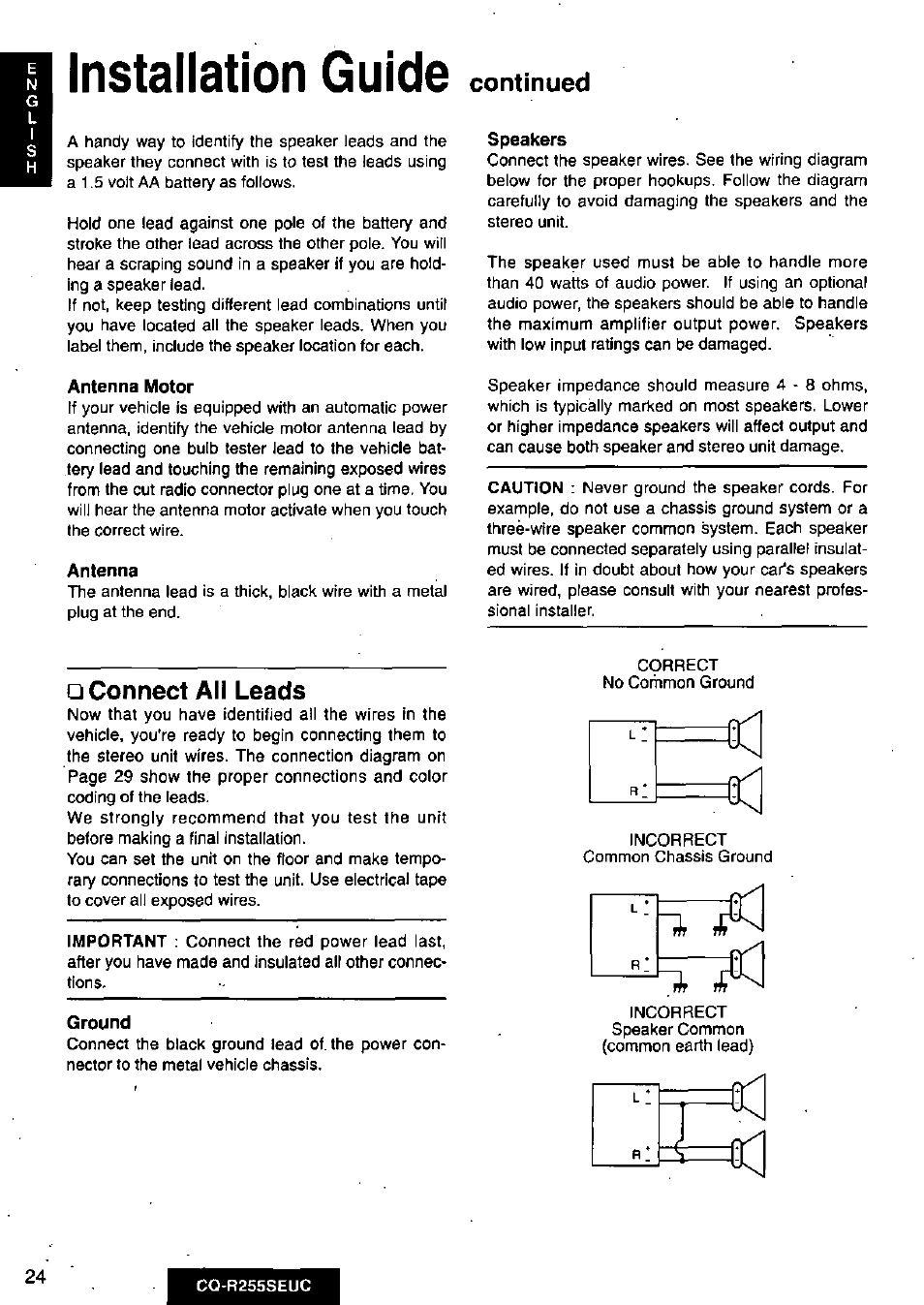 Installation guide continued, Connect all leads, Installation guide | Continued | Panasonic CQR255SEUC User Manual | Page 24 / 80