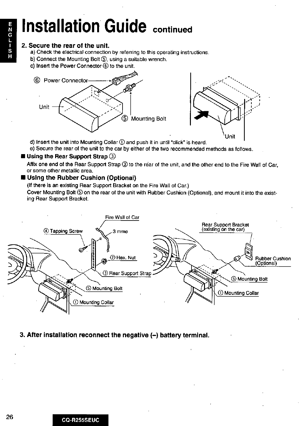 Installation guide continued, Secure the rear of the unit, I using the rear support strap (d | I using the rubber cushion (optional), Installation guide, Continued | Panasonic CQR255SEUC User Manual | Page 26 / 80