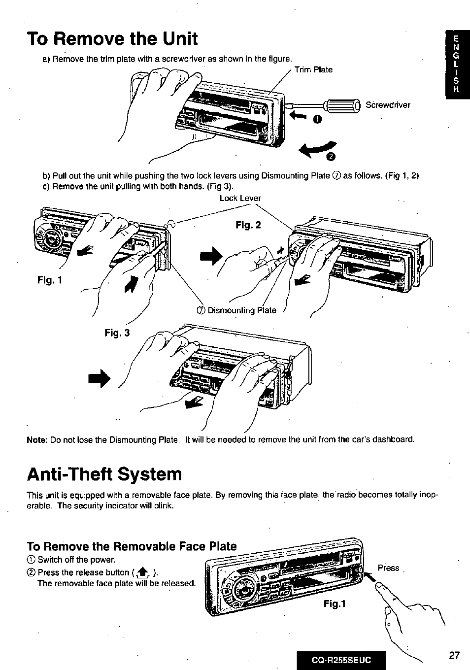 To remove the unit, Anti-theft system | Panasonic CQR255SEUC User Manual | Page 27 / 80