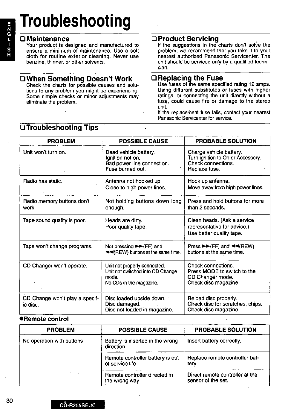 Troubleshooting, Maintenance, When something doesn’t work | Product servicing, Repiacing the fuse, Troubleshooting tips | Panasonic CQR255SEUC User Manual | Page 30 / 80