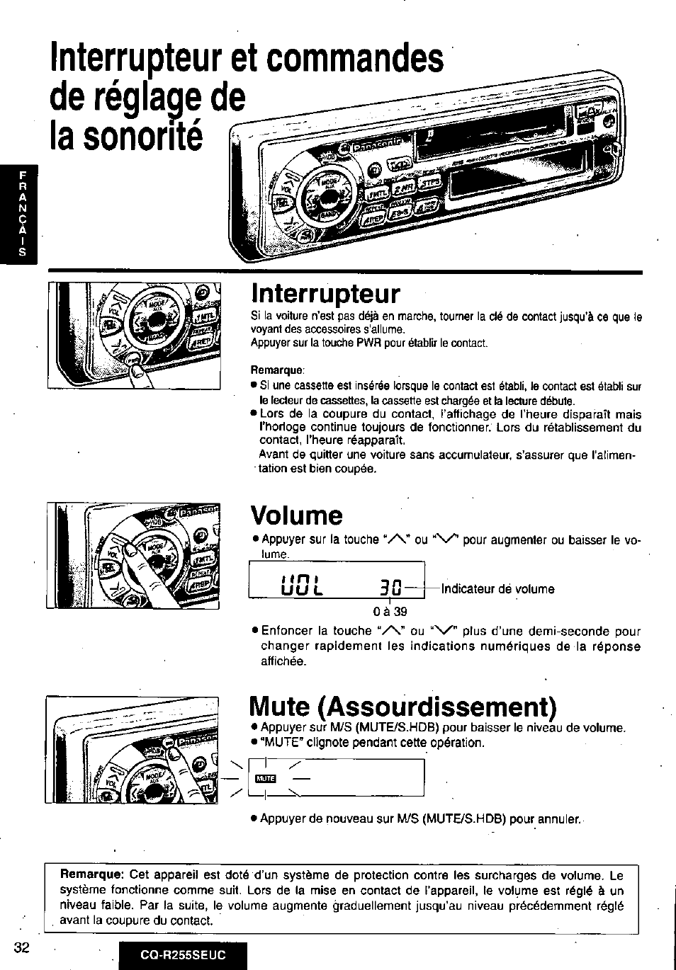 Interrupteur, Volume, Mute (assourdissement) | Panasonic CQR255SEUC User Manual | Page 32 / 80