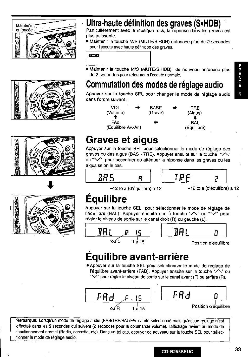 Ultra-haute définition des graves (s*hdb), Commutation des modes de régiage audio, Graves et aigus | Équilibre, Équilibre avant-arrière, Ffld | Panasonic CQR255SEUC User Manual | Page 33 / 80