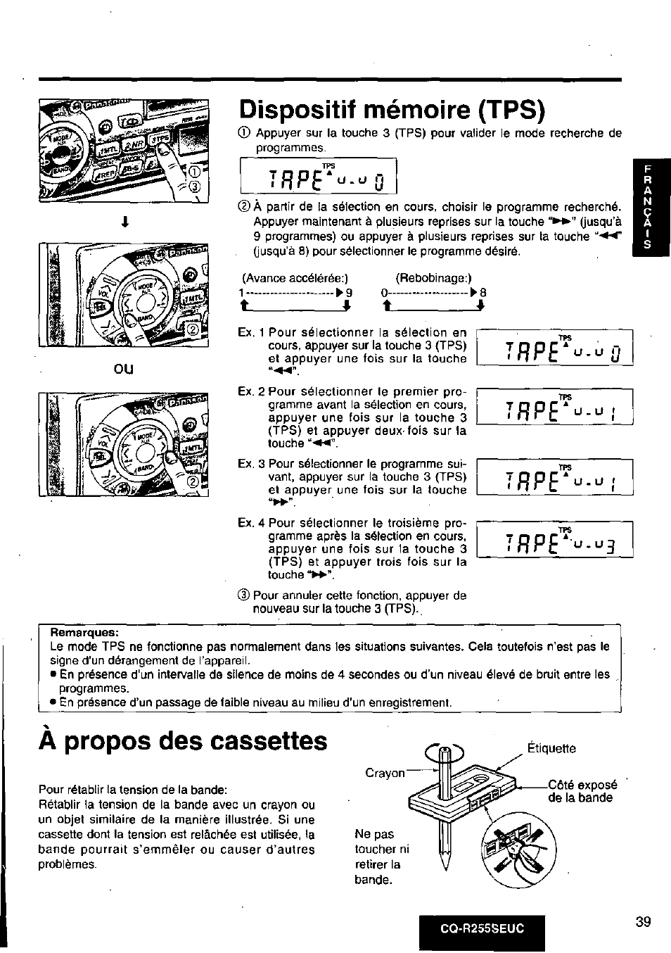 Dispositif mémoire (tps), 1 ►q, A propos des cassettes | Trpf | Panasonic CQR255SEUC User Manual | Page 39 / 80