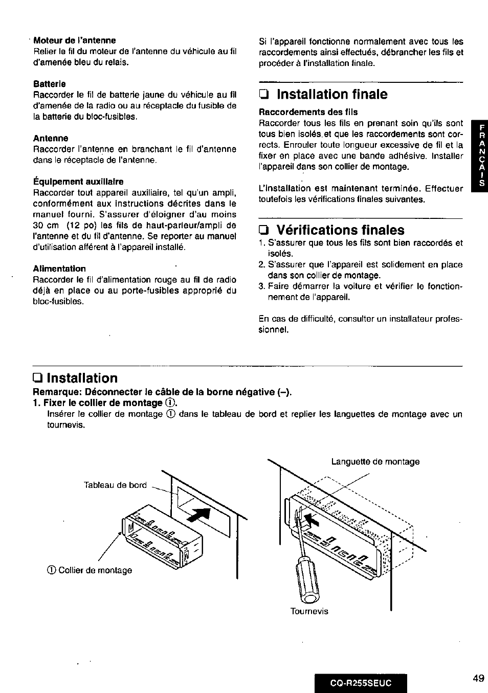 Moteur de l’antenne, Batterie, Antenne | Alimentation, Installation finale, Raccordements des fils, Vérifications finales, Installation, Fixer le collier de montage (î) | Panasonic CQR255SEUC User Manual | Page 49 / 80