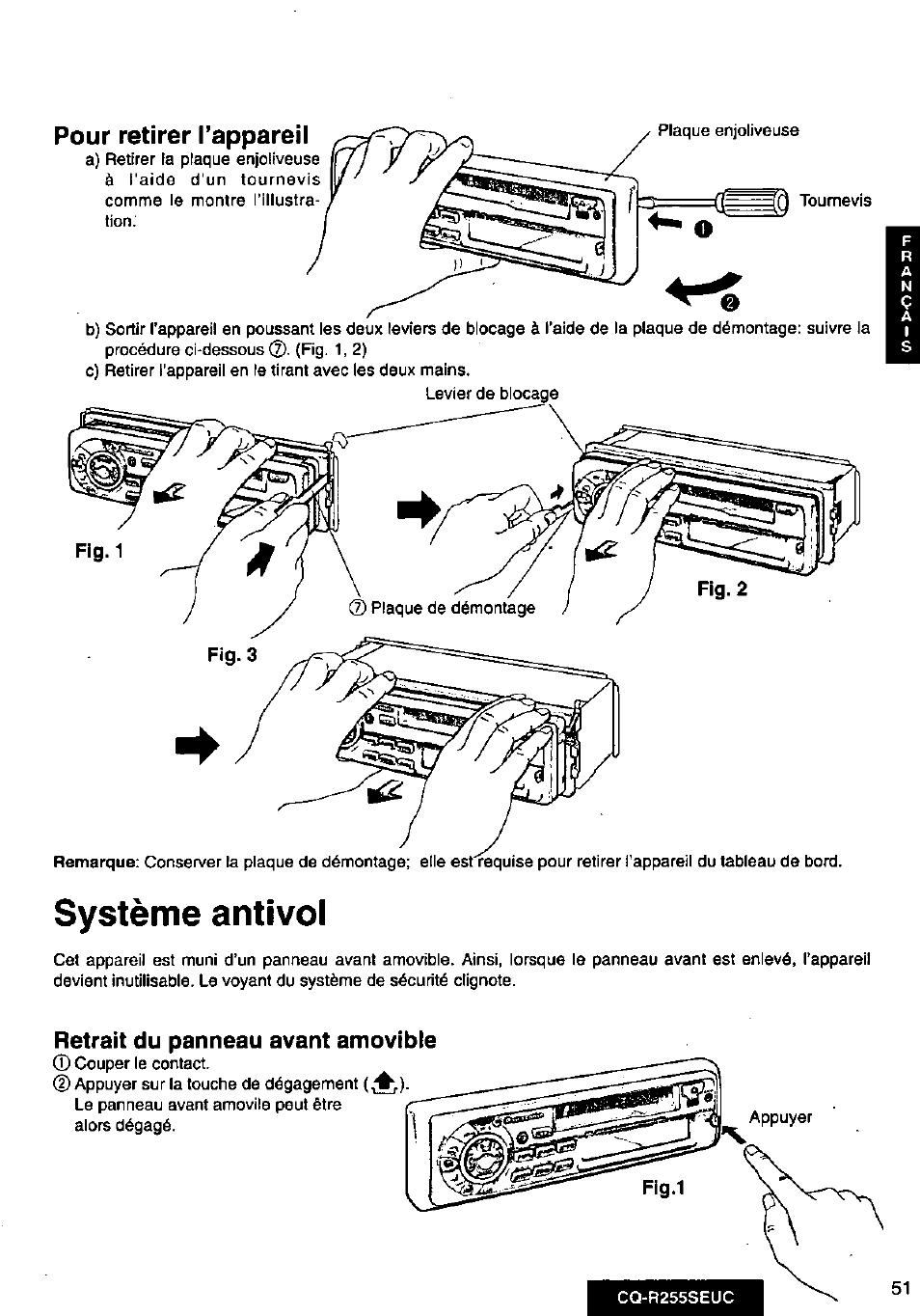 Système antivol, Retrait du panneau avant amovible, Pour retirer l’appareil | Panasonic CQR255SEUC User Manual | Page 51 / 80