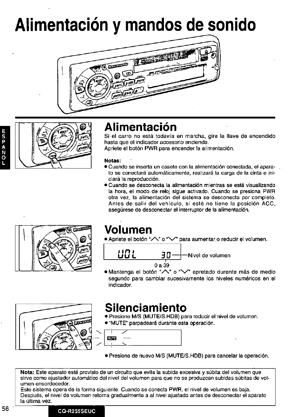 Alimentación y mandos de sonido, Alimentación, Volumen | Silenciamiento | Panasonic CQR255SEUC User Manual | Page 56 / 80