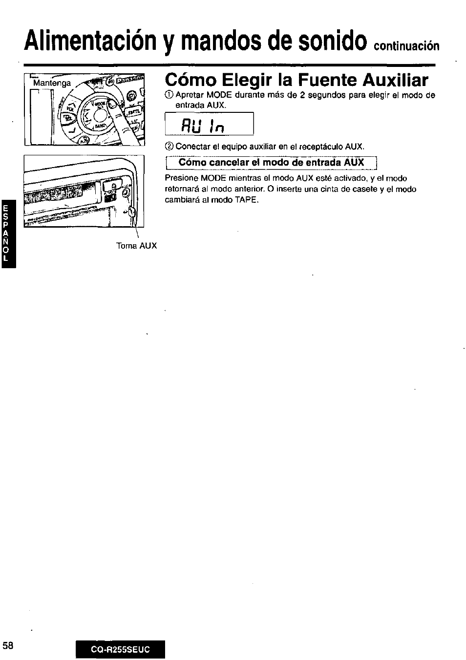 Cómo elegir la fuente auxiliar, Alimentación y mandos de sonido | Panasonic CQR255SEUC User Manual | Page 58 / 80