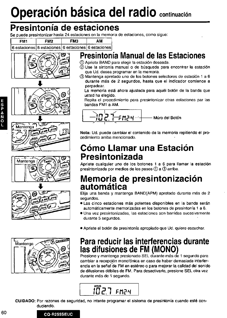 Presintonía manual de las estaciones, Cómo llamar una estación presintonizada, Memoria de presintonización automática | Operación básica dei radio, Presintonía de estaciones | Panasonic CQR255SEUC User Manual | Page 60 / 80