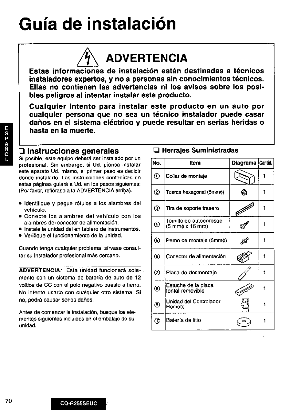 Advertencia, Instrucciones generales, Guía de instalación | À s advertencia | Panasonic CQR255SEUC User Manual | Page 70 / 80