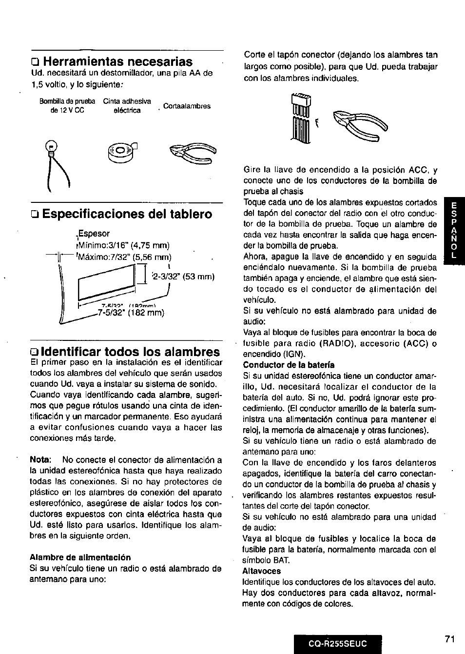 Herramientas necesarias, Especificaciones del tablero, Identificar todos los alambres | Alambre de alimentación | Panasonic CQR255SEUC User Manual | Page 71 / 80