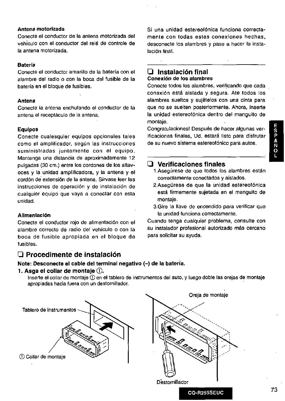 Antena motorizada, Batería, Antena | Equipos, Alimentación, Asga el collar de montaje (d, Instalación final, Verificaciones finales, Procedimente de instalación | Panasonic CQR255SEUC User Manual | Page 73 / 80