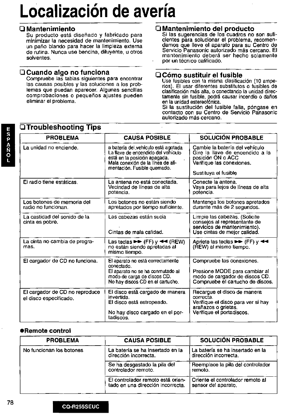 Localización de avería, Mantenimiento, Cuando algo no funciona | Mantenimiento del producto, Cómo sustituir el fusible, Troubleshooting tips | Panasonic CQR255SEUC User Manual | Page 78 / 80