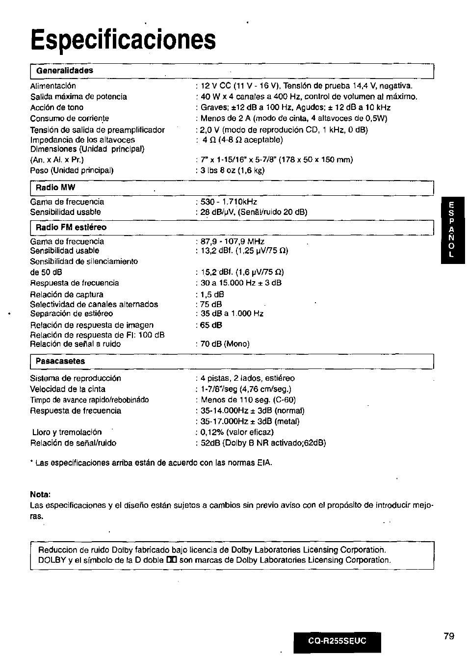 Especificaciones, Generalidades, Pasacasetes | Panasonic CQR255SEUC User Manual | Page 79 / 80