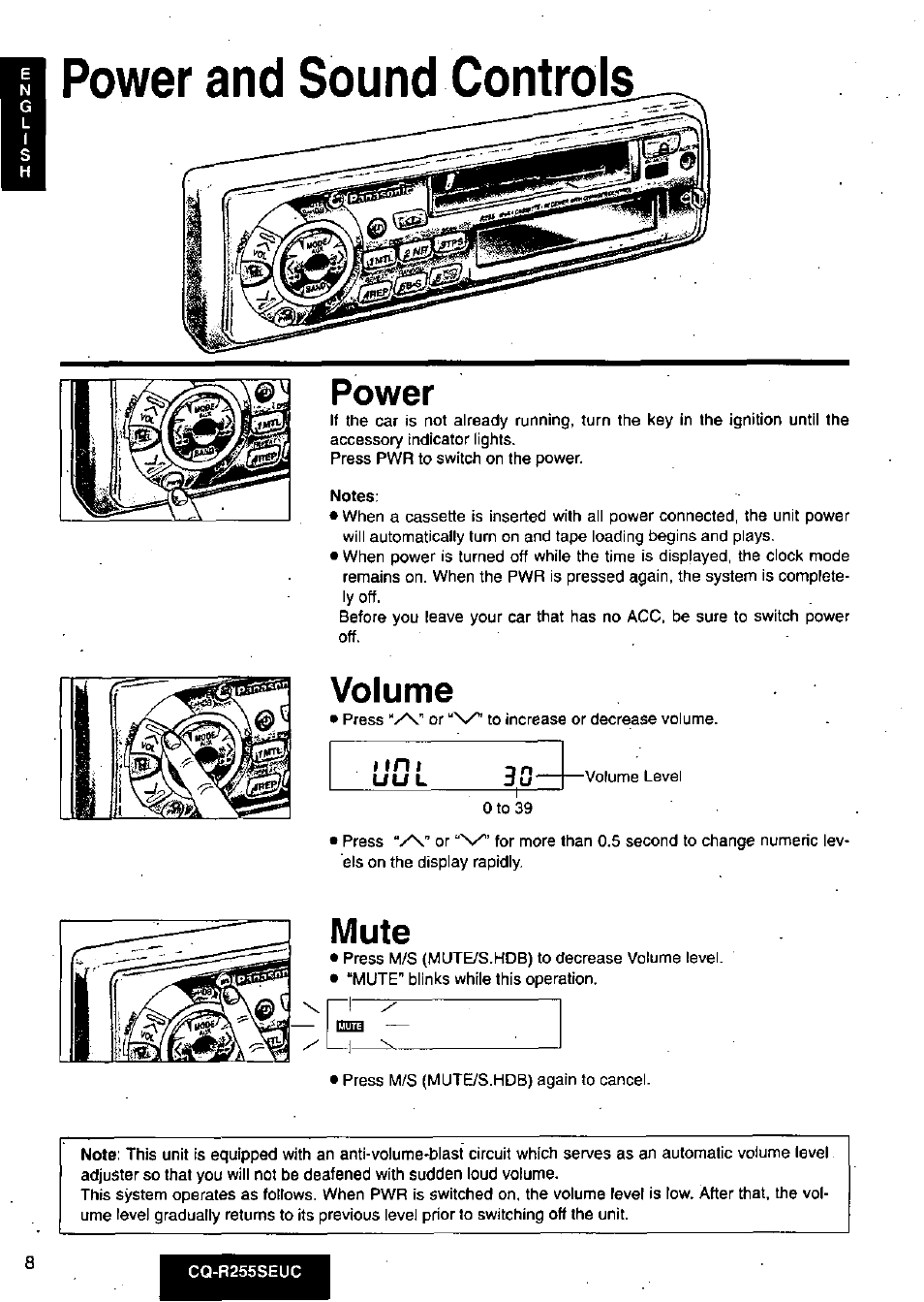 H power and sound controls, Power, Volume | Mute | Panasonic CQR255SEUC User Manual | Page 8 / 80