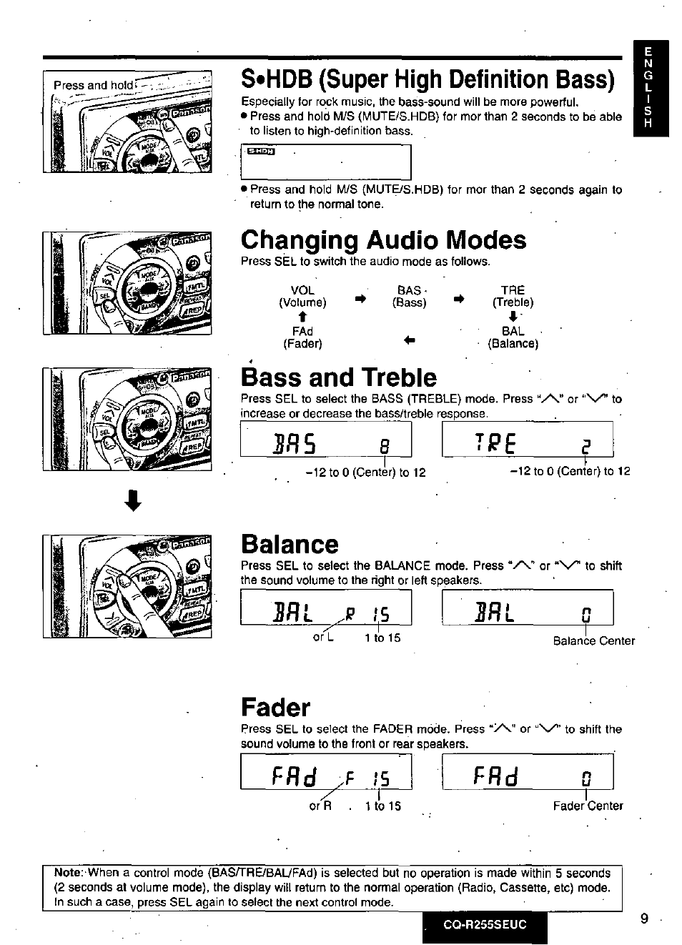 S«hdb (super high definition bass), Changing audio modes, Bass and treble | Balance, Fader | Panasonic CQR255SEUC User Manual | Page 9 / 80