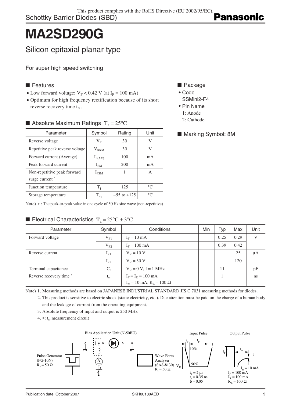 Panasonic Schottky Barrier Diodes MA2SD290G User Manual | 4 pages