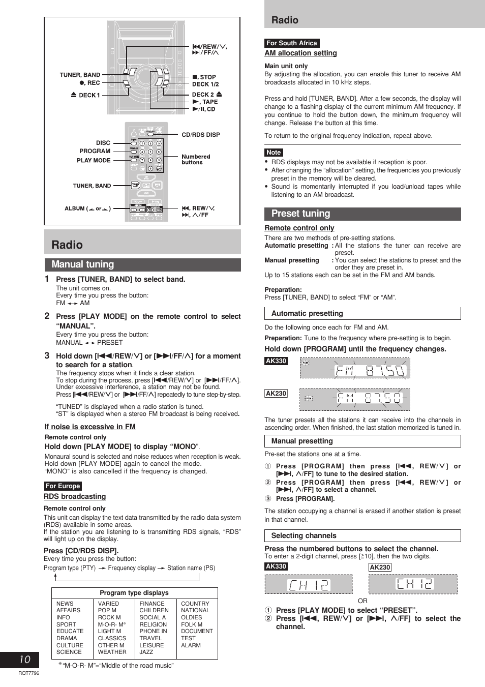Radio, Manual tuning preset tuning radio | Panasonic SC-AK230 User Manual | Page 10 / 16