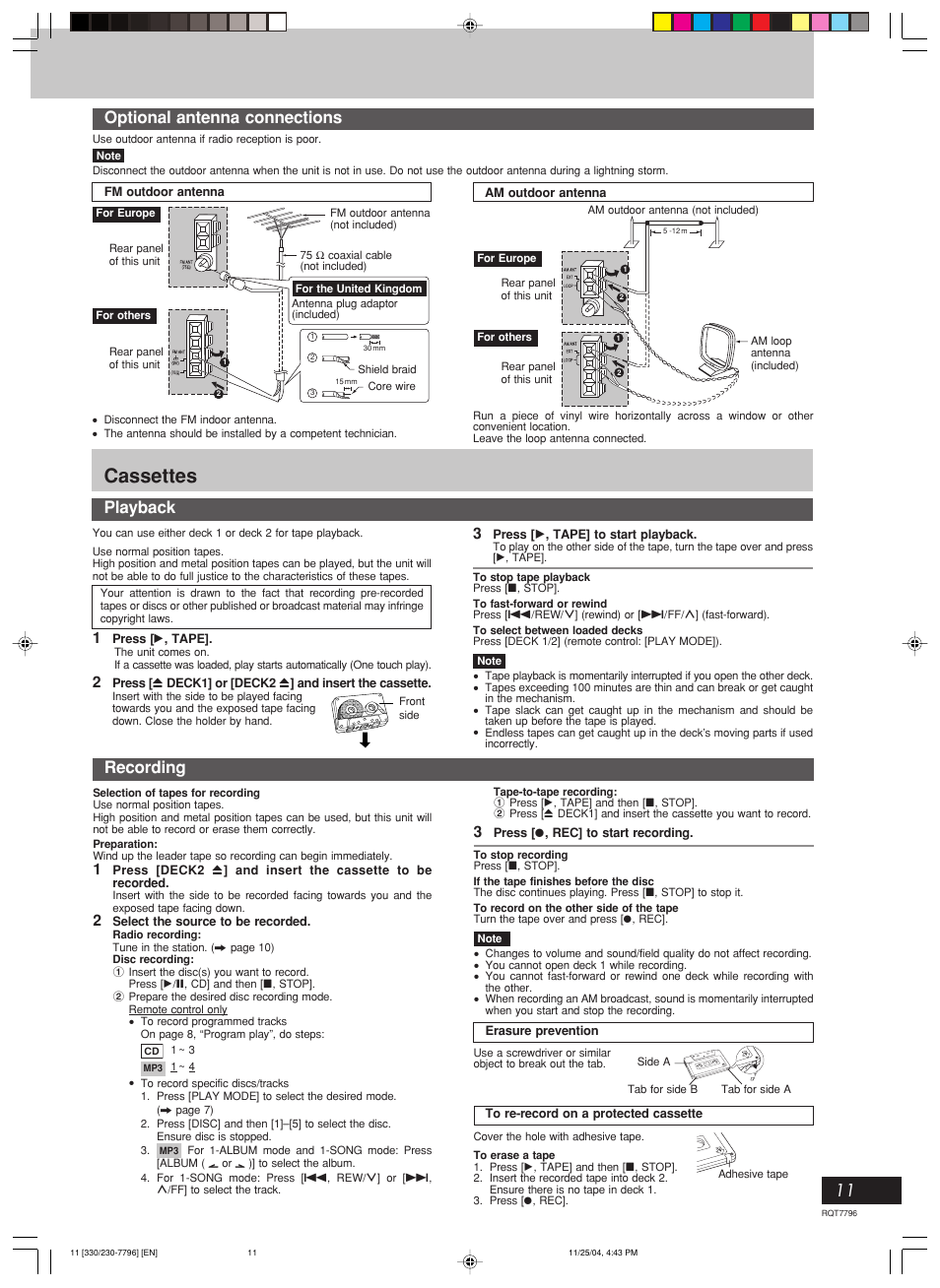 Cassettes, Optional antenna connections, Playback | Recording | Panasonic SC-AK230 User Manual | Page 11 / 16