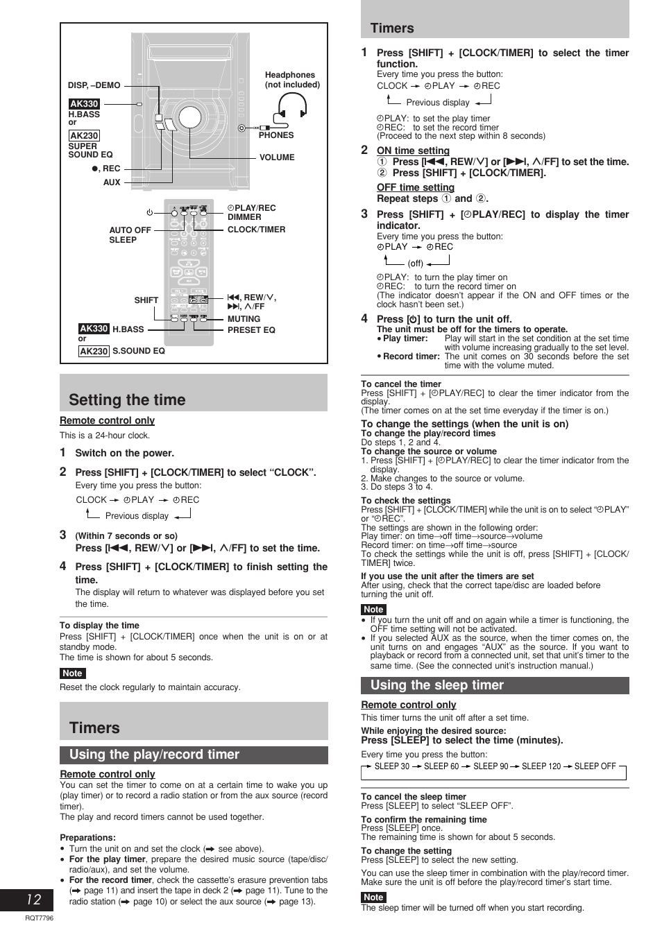 Setting the time, Timers, Using the play/record timer | Using the sleep timer | Panasonic SC-AK230 User Manual | Page 12 / 16