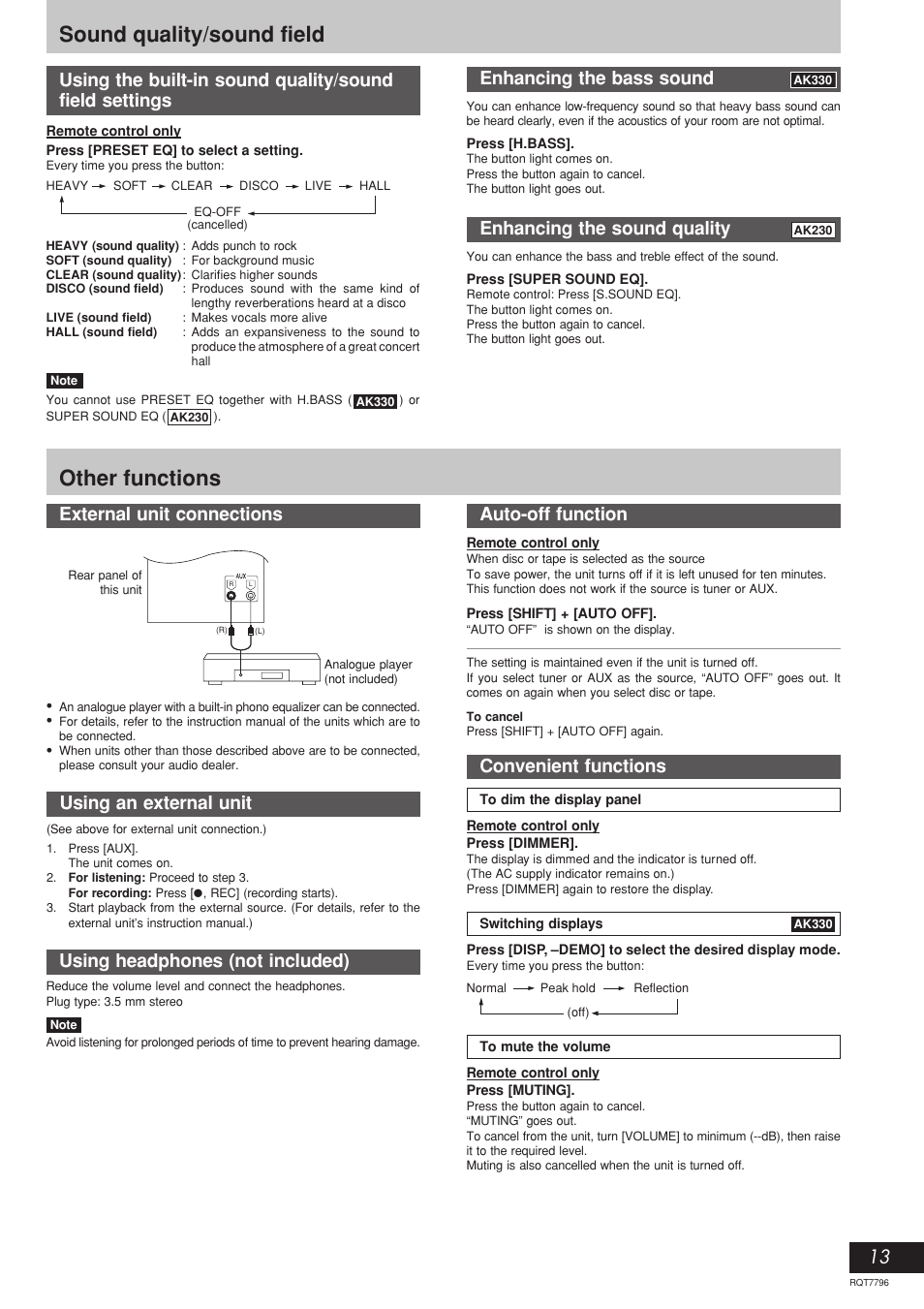 Other functions, Sound quality/sound field, Enhancing the bass sound | Enhancing the sound quality, External unit connections, Auto-off function, Convenient functions, Using headphones (not included) | Panasonic SC-AK230 User Manual | Page 13 / 16