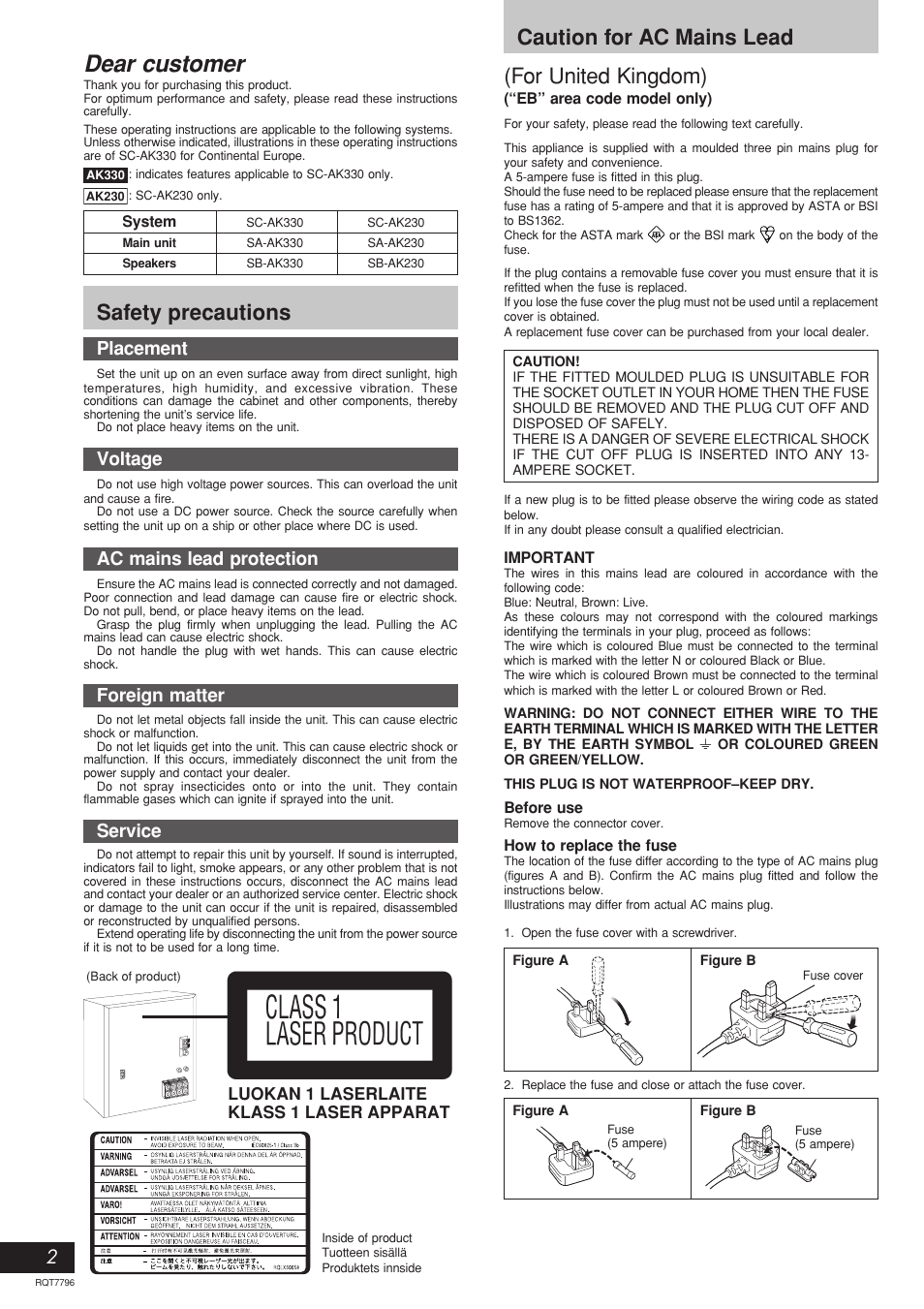 Dear customer, For united kingdom), Caution for ac mains lead | Safety precautions, Placement, Voltage, Ac mains lead protection, Foreign matter, Service | Panasonic SC-AK230 User Manual | Page 2 / 16