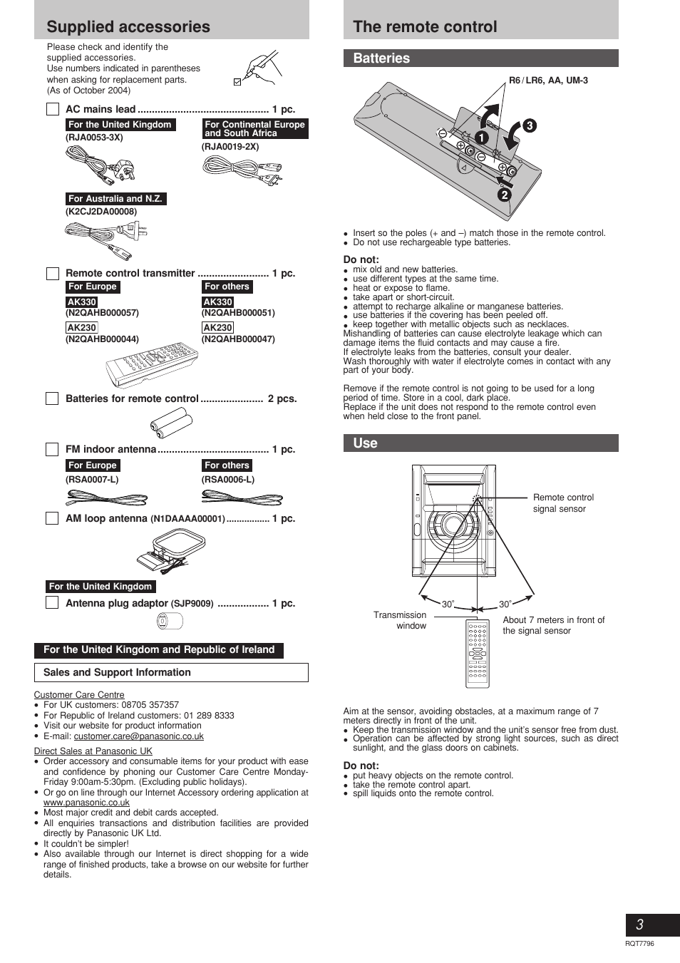 The remote control supplied accessories, Batteries | Panasonic SC-AK230 User Manual | Page 3 / 16
