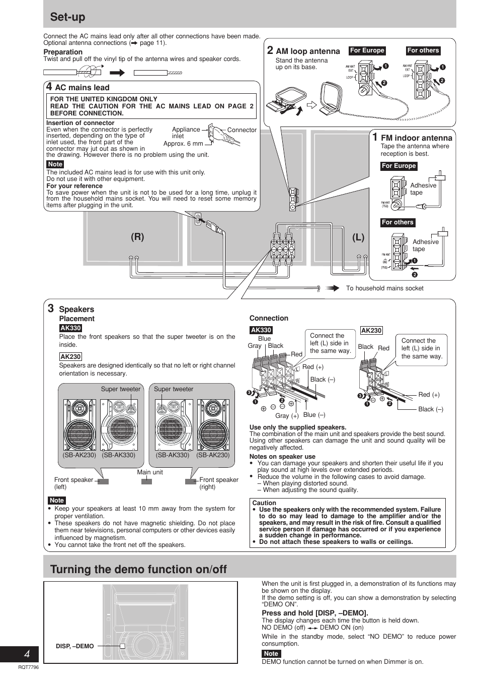Set-up, Turning the demo function on/off, 4(r) (l) | Panasonic SC-AK230 User Manual | Page 4 / 16
