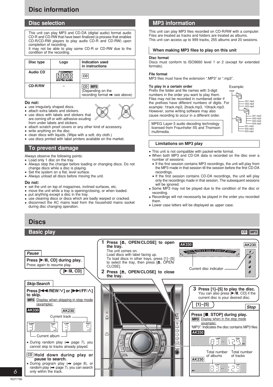 Disc information, Discs, Disc selection | Mp3 information, Basic play | Panasonic SC-AK230 User Manual | Page 6 / 16