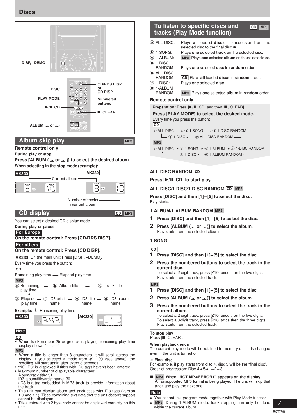 Discs album skip play, Cd display, Tracks (play mode function) | Panasonic SC-AK230 User Manual | Page 7 / 16