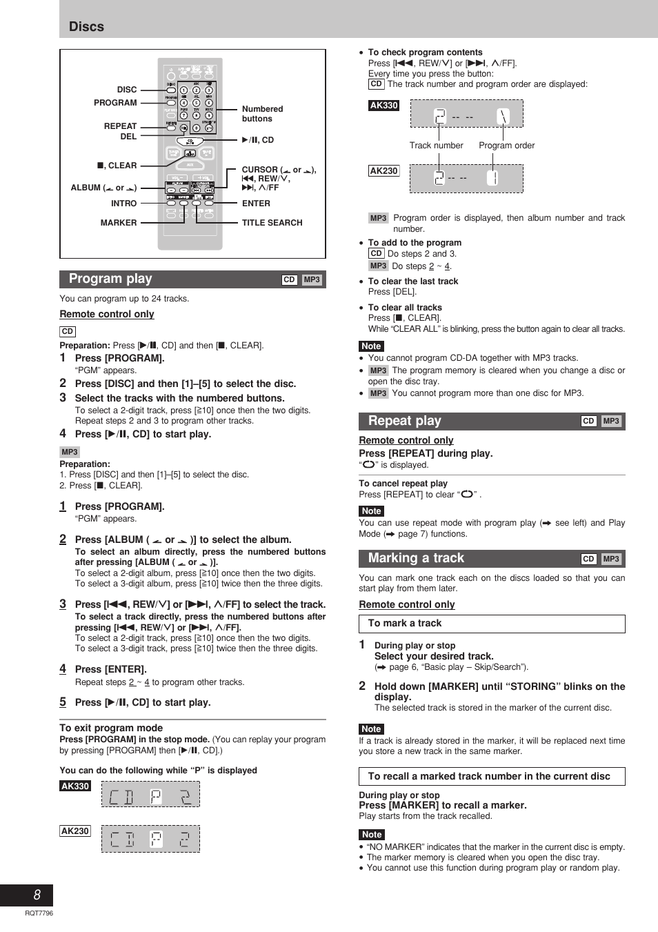 Discs repeat play, Marking a track, Program play | Panasonic SC-AK230 User Manual | Page 8 / 16