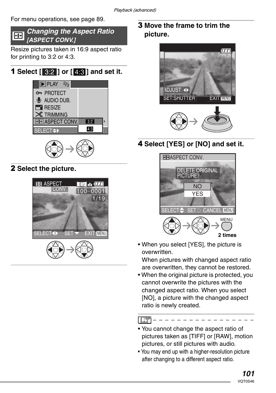 Select [ ] or, And set it, Select the picture | Move the frame to trim the picture, Select [yes] or [no] and set it, Changing the aspect ratio | Panasonic DMC-LX1GN User Manual | Page 101 / 128