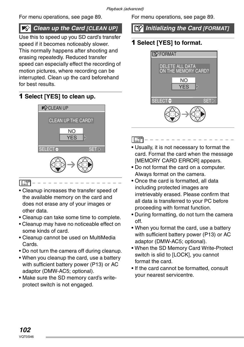 Select [yes] to clean up, Select [yes] to format, Clean up the card | Initializing the card | Panasonic DMC-LX1GN User Manual | Page 102 / 128