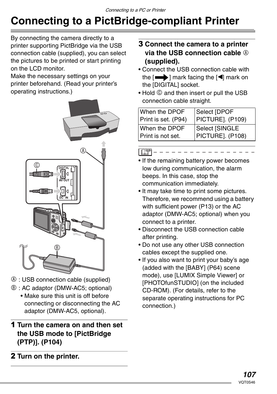 Connecting to a pictbridge-compliant printer, Ac b | Panasonic DMC-LX1GN User Manual | Page 107 / 128