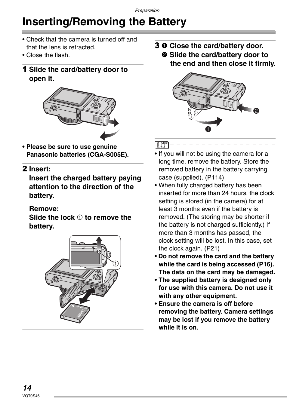 Inserting/removing the battery | Panasonic DMC-LX1GN User Manual | Page 14 / 128